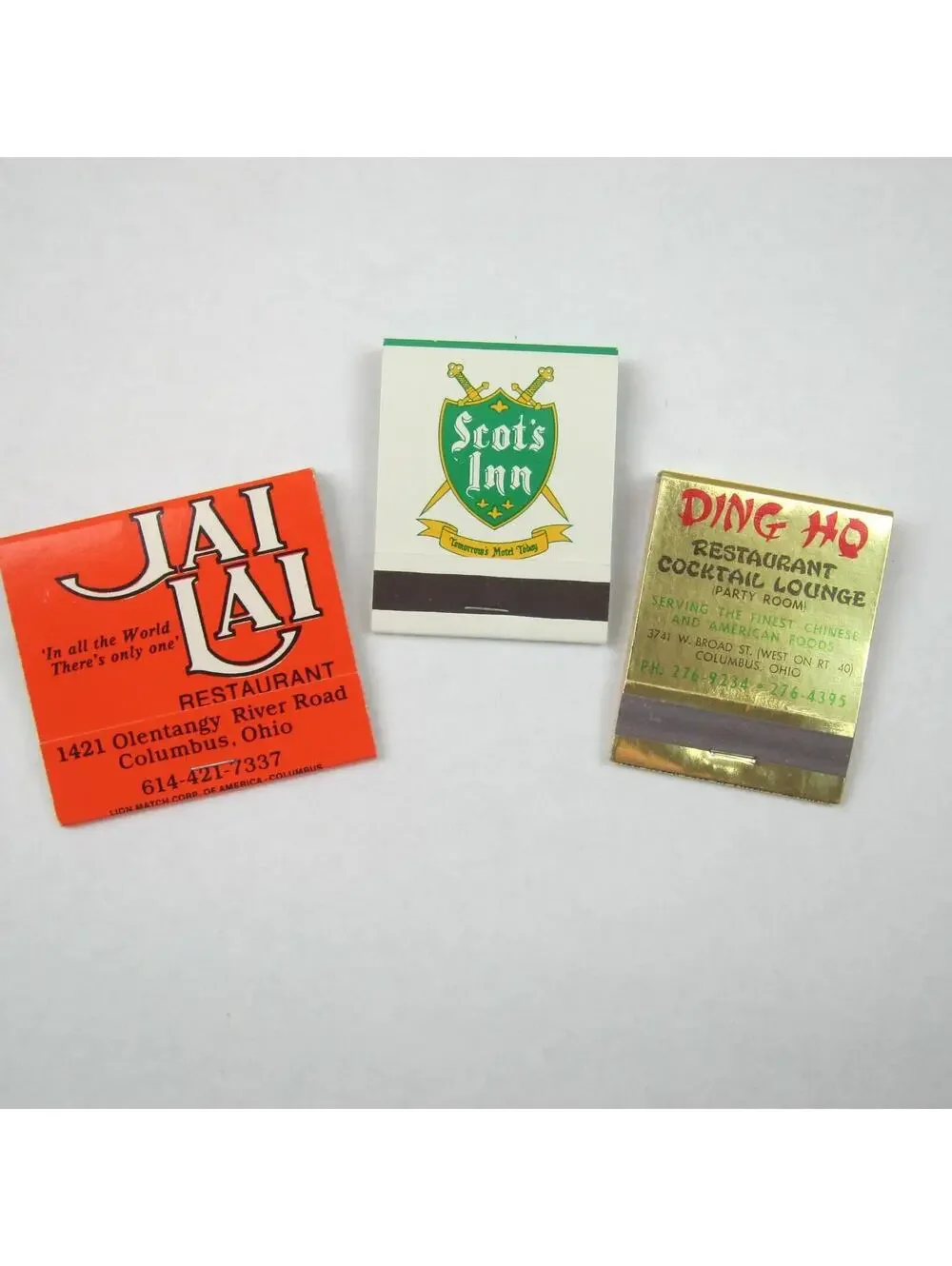 3 Vintage Matchbooks Jai Lai Ding Ho Columbus Ohio Restaurants & Scot's Inn Ohio
